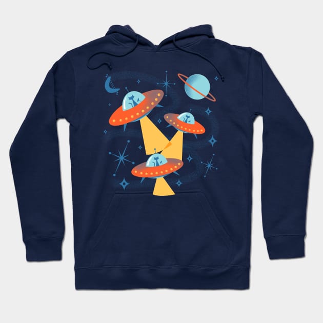 Atomic Space Cadets Cats in Retro Flying Saucer UFOs Hoodie by ksrogersdesigns